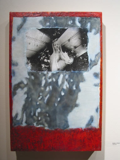 "Mary". Encaustic, silver gelatin print and gel transfer on birch plywood.