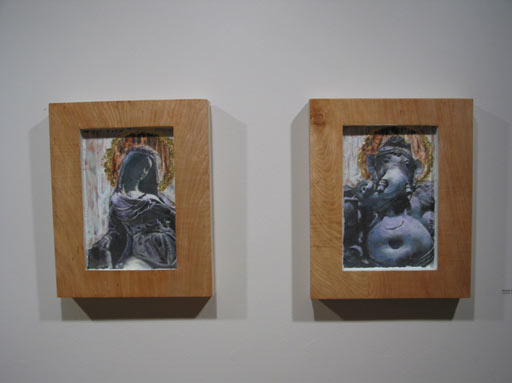 "Mary and Ganesha". Silver gelatin prints, encaustic, gold leaf in wooden enclosures.