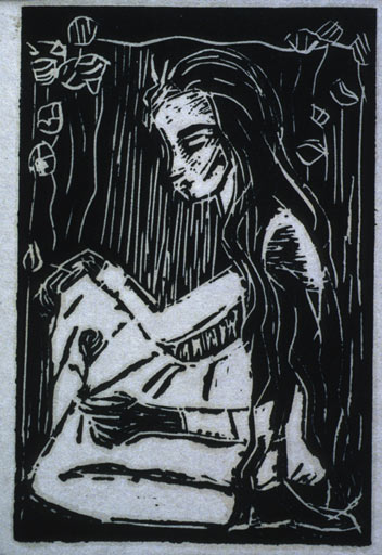 "Girl With Flower", Woodcarving Print