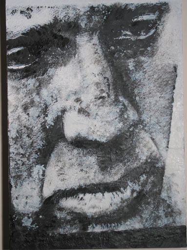 "Man". Gel transfer and encaustic on birch.